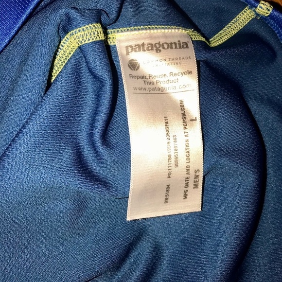 Patagonia Blue Neon Yellow Men’s Active Wear Wicking Outdoor Long Sleeve Shirt - Picture 10 of 10